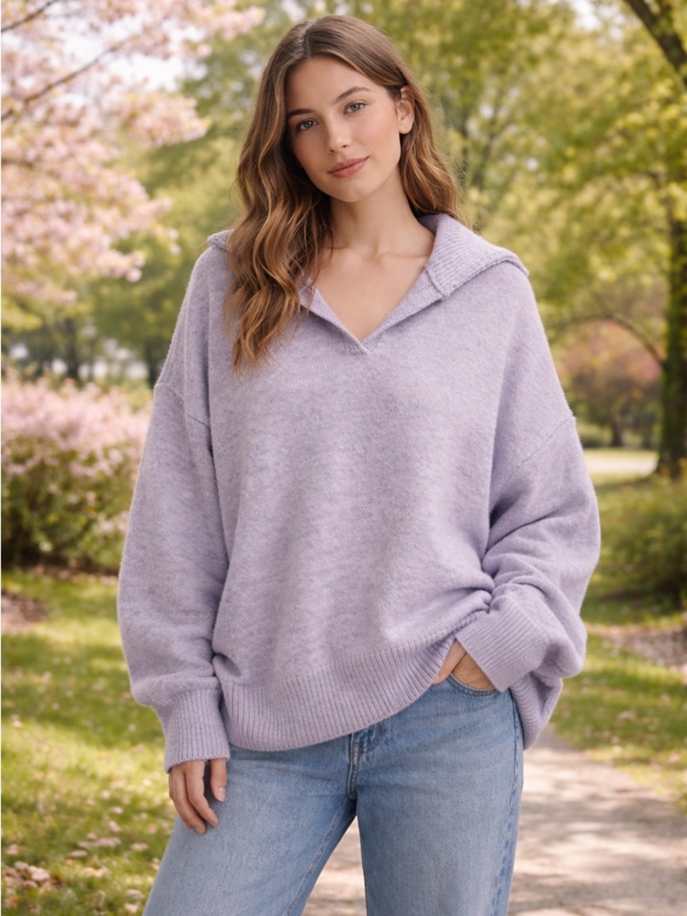 Topshop Light Purple Women's V Neck Oversized Sweater Medium 8-10